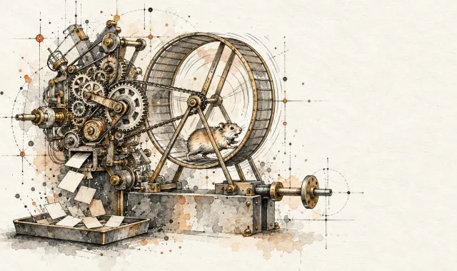 Chomik napędzający koło i rozbudowaną maszynę produkującą kartki — szybsza praca z AI bez efektów biznesowych