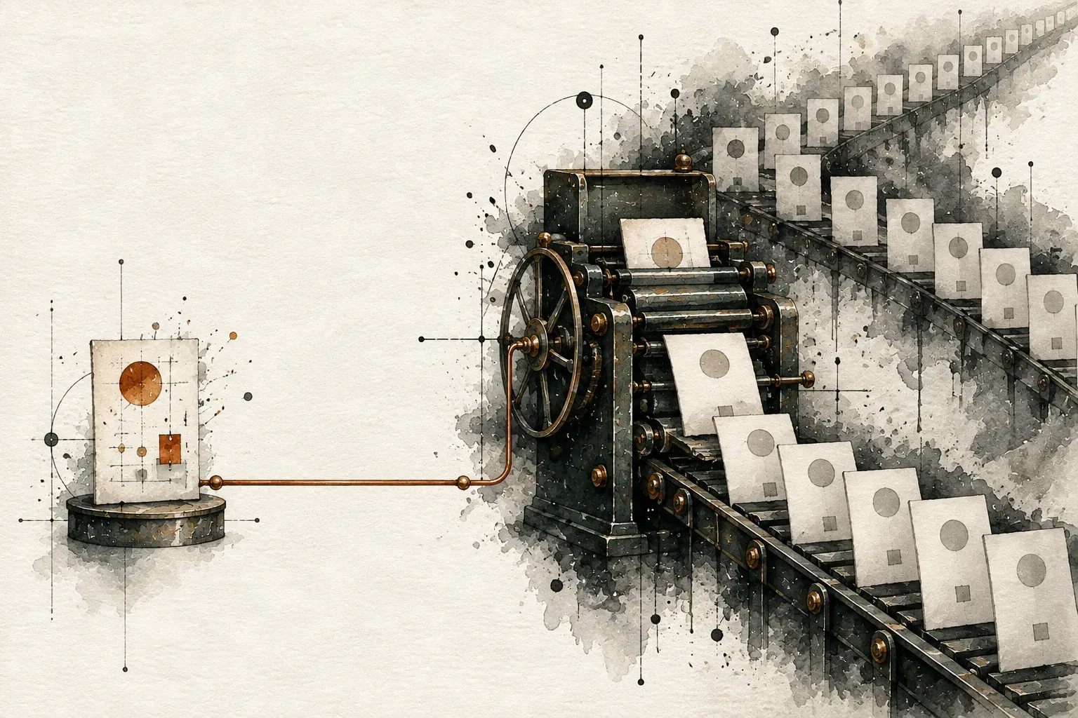 Akwarelowa ilustracja maszyny powielającej identyczne dokumenty, połączonej z jednym oryginalnym źródłem